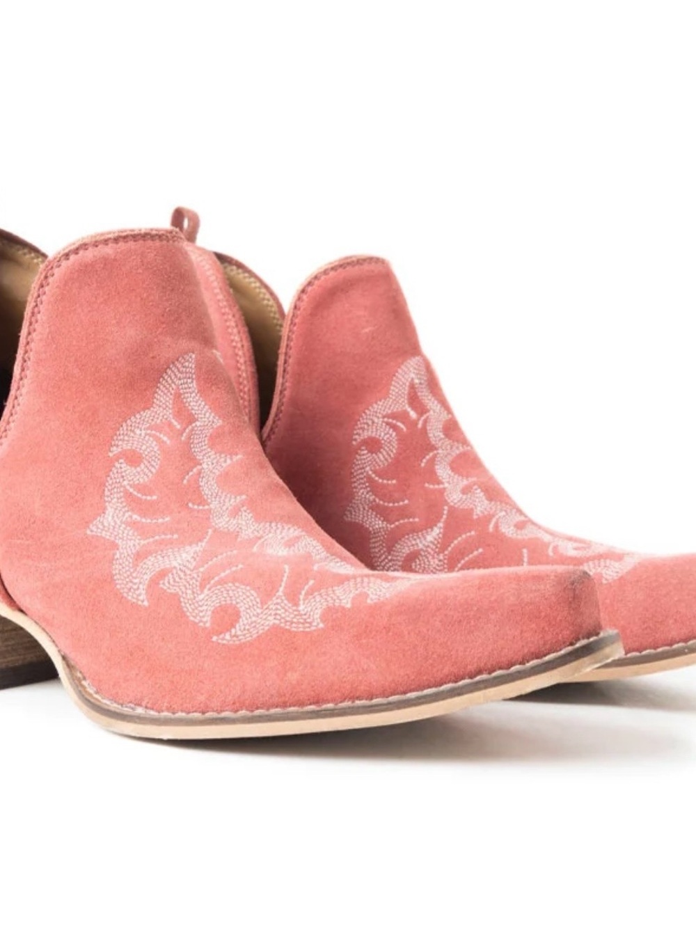 Myra Bag Coral Pink Suede Ankle Booties with Embroidered Detail